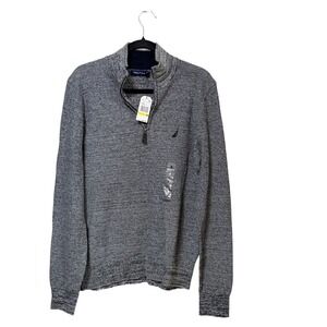 Nautica Mens Quarter Zip Sweater Navy White Marled Cotton Pullover Size M NEW